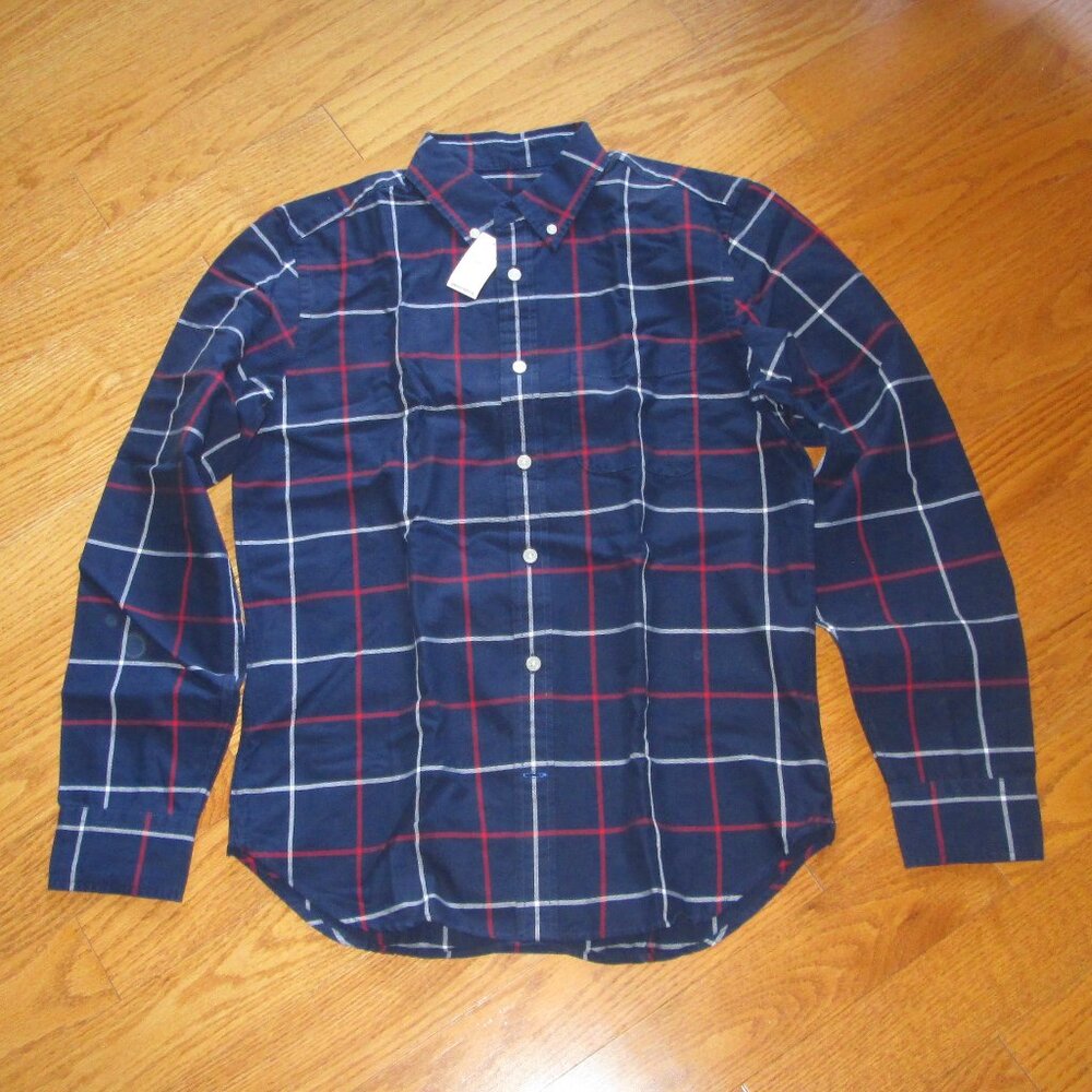 NWT Men's Gap Navy Blue Windowpane Cotton Oxford Shirt Size Small